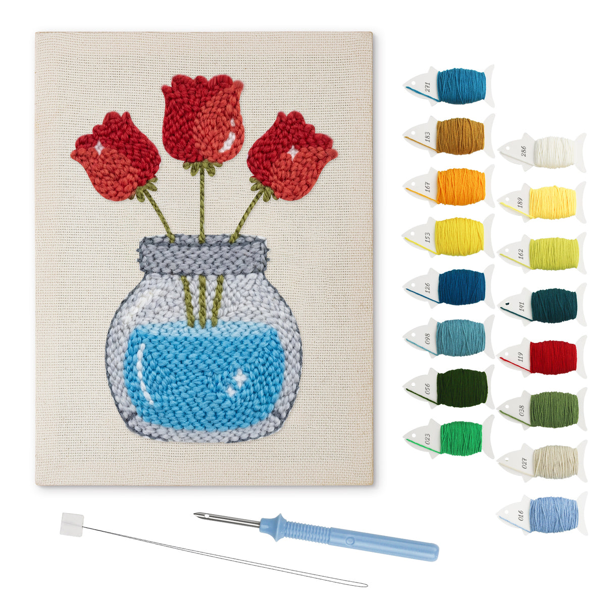 Jar of Roses punch needle kit: finished canvas with threads, punch needle and threader