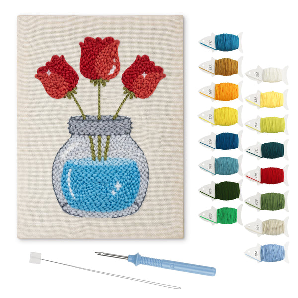 Jar of Roses punch needle kit: finished canvas with threads, punch needle and threader