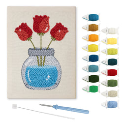 Jar of Roses punch needle kit: finished canvas with threads, punch needle and threader