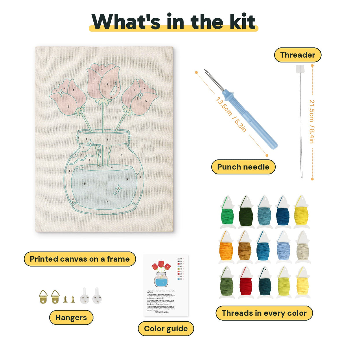 What is in the Jar of Roses kit: printed canvas, punch needle, threader, threads, color guide and hangers