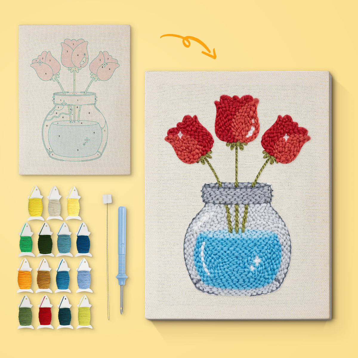 Jar of Roses canvas before and after punching, with the threads and tools