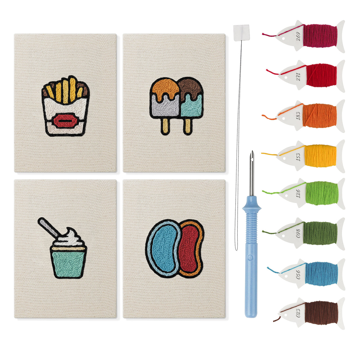 Jelly Bean Pops mini punch needle kit set: four finished canvases with threads, punch needle and threader