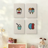 The four Jelly Bean Pops mini canvases on a wall above a shelf