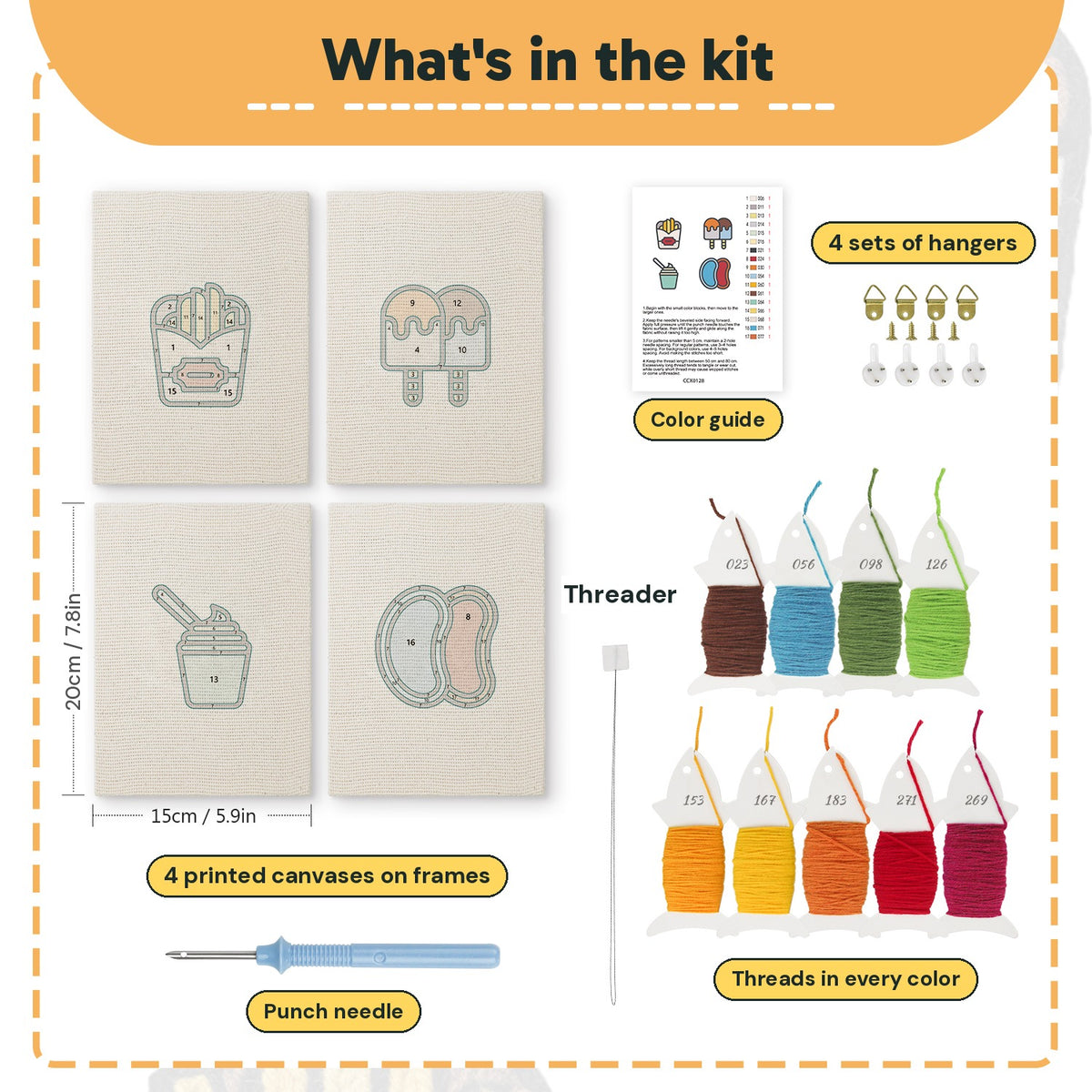 What is in the Jelly Bean Pops set: 4 printed canvases, punch needle, threader, threads, color guide and 4 sets of hangers (6 × 8 in (15 × 20 cm) each)