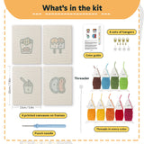 What is in the Jelly Bean Pops set: 4 printed canvases, punch needle, threader, threads, color guide and 4 sets of hangers (6 × 8 in (15 × 20 cm) each)