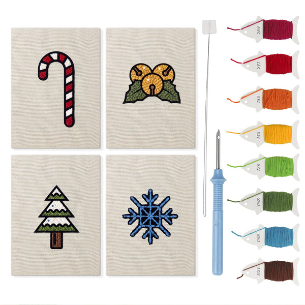 Jingle Bells Snowflake mini punch needle kit set: four finished canvases with threads, punch needle and threader