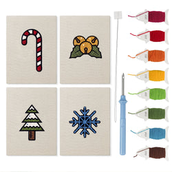 Jingle Bells Snowflake mini punch needle kit set: four finished canvases with threads, punch needle and threader
