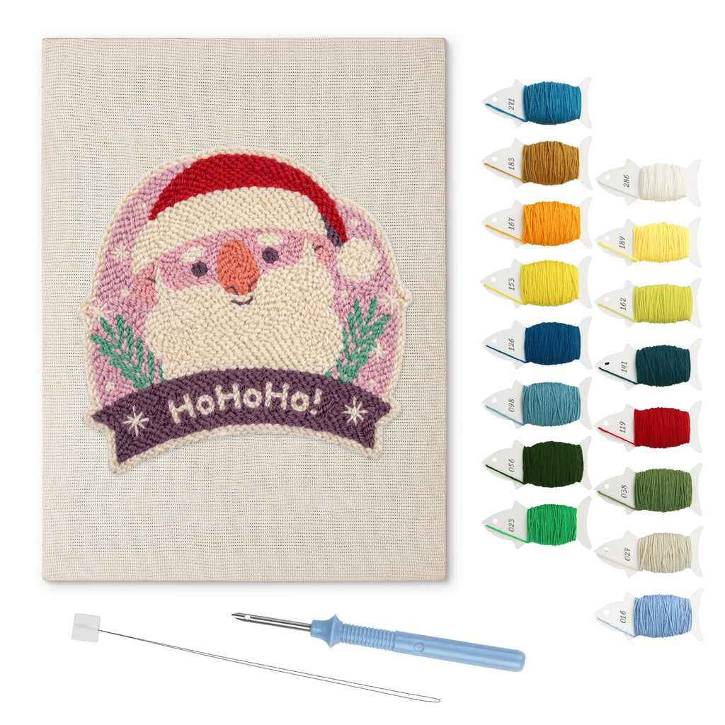 Jolly Santa Badge punch needle kit: finished canvas with threads, punch needle and threader