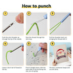 Six steps showing how to thread and use the punch needle