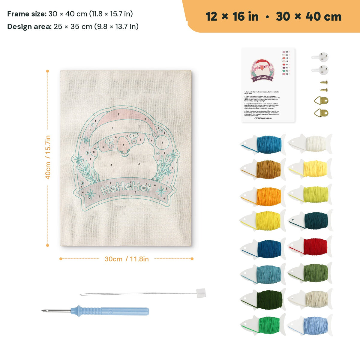 Jolly Santa Badge punch needle kit, 12 × 16 in (30 × 40 cm): canvas size and kit contents
