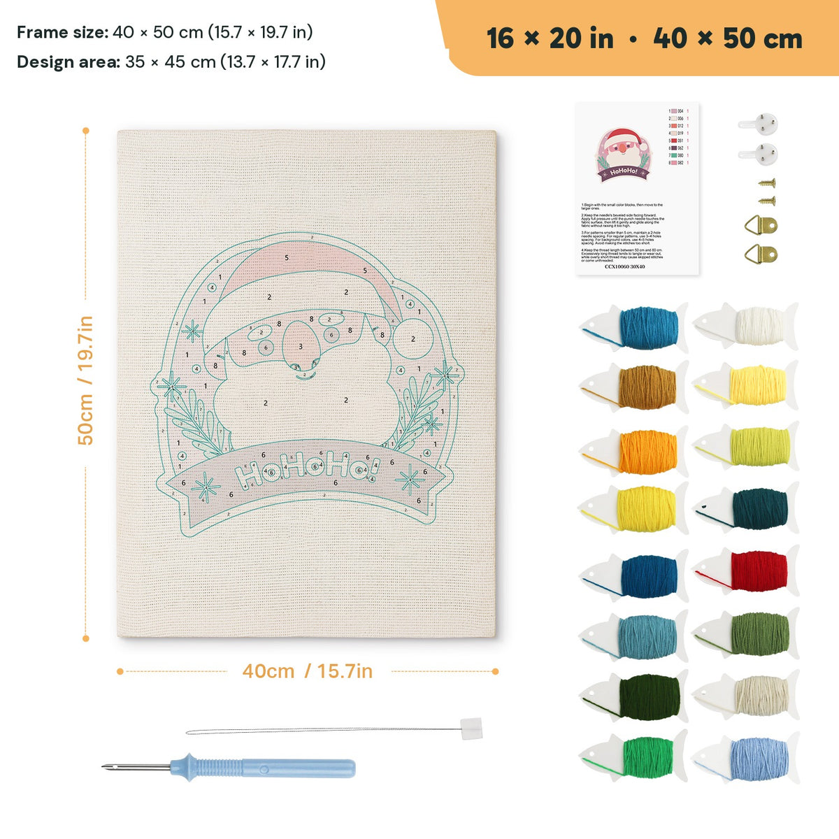 Jolly Santa Badge punch needle kit, 16 × 20 in (40 × 50 cm): canvas size and kit contents