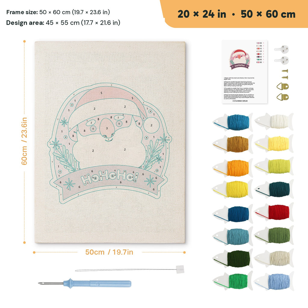 Jolly Santa Badge punch needle kit, 20 × 24 in (50 × 60 cm): canvas size and kit contents