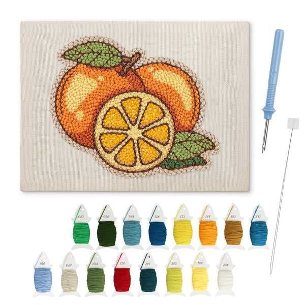 Juicy Oranges punch needle kit: finished canvas with threads, punch needle and threader
