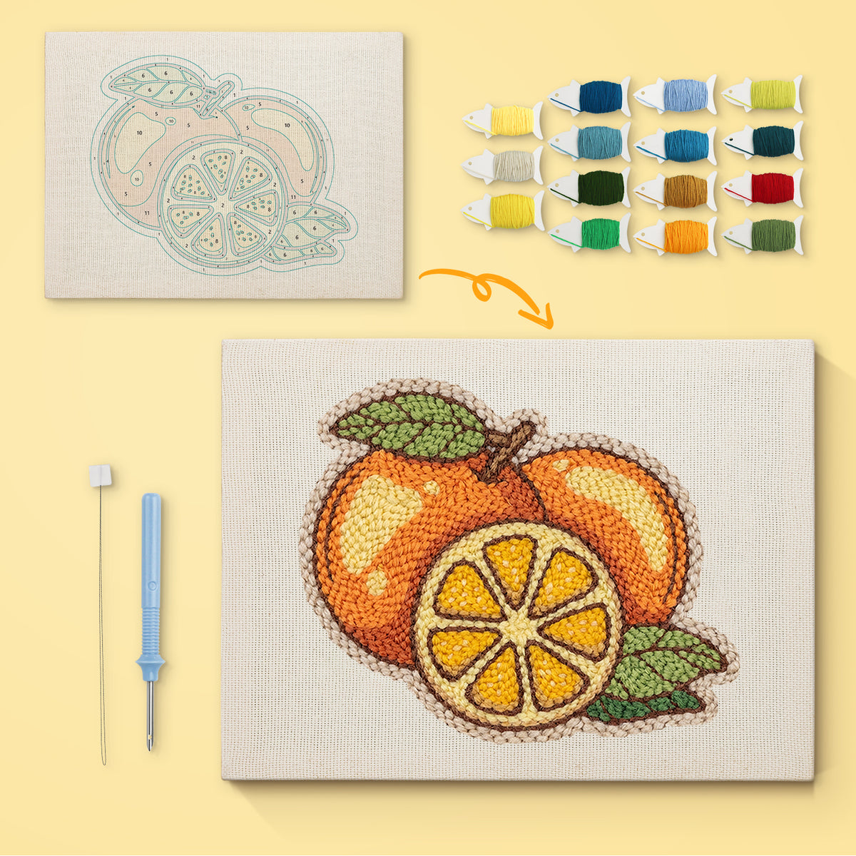 Juicy Oranges canvas before and after punching, with the threads and tools
