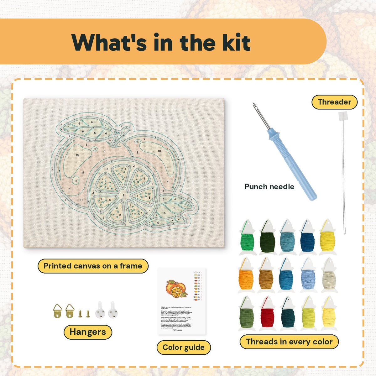 What is in the Juicy Oranges kit: printed canvas, punch needle, threader, threads, color guide and hangers