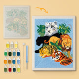 Jungle Big Cats canvas before and after punching, with the threads and tools