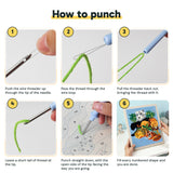 Six steps showing how to thread and use the punch needle