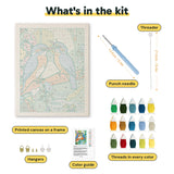 What is in the Kingfisher Pair kit: printed canvas, punch needle, threader, threads, color guide and hangers
