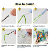 Six steps showing how to thread and use the punch needle
