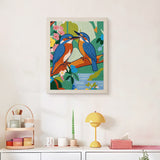 Finished Kingfisher Pair punch needle canvas on a wall