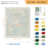 Kingfisher Pair punch needle kit, 20 × 24 in (50 × 60 cm): canvas size and kit contents