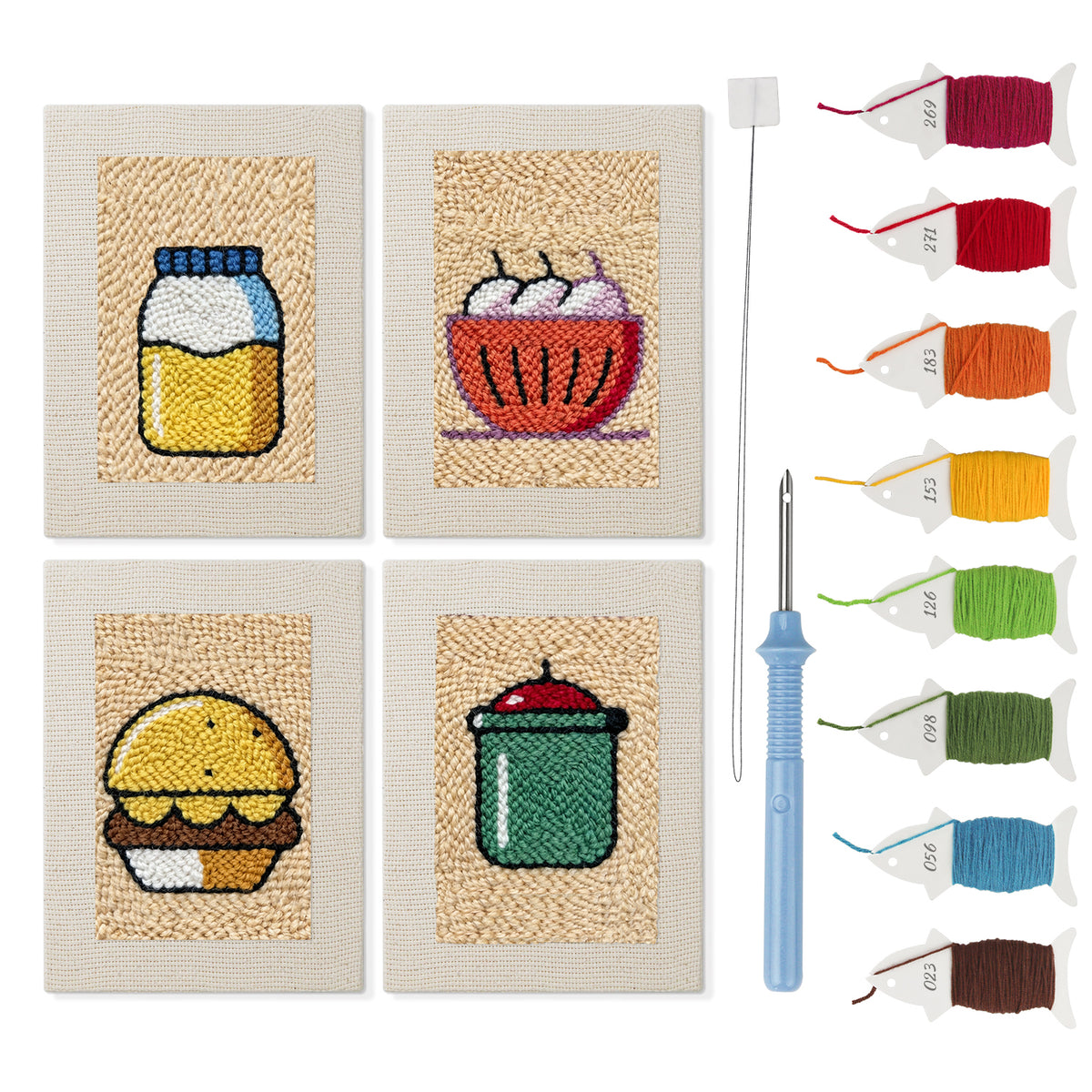 Kitchen Favorites mini punch needle kit set: four finished canvases with threads, punch needle and threader