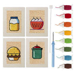Kitchen Favorites mini punch needle kit set: four finished canvases with threads, punch needle and threader