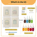 What is in the Kitchen Favorites set: 4 printed canvases, punch needle, threader, threads, color guide and 4 sets of hangers (6 × 8 in (15 × 20 cm) each)