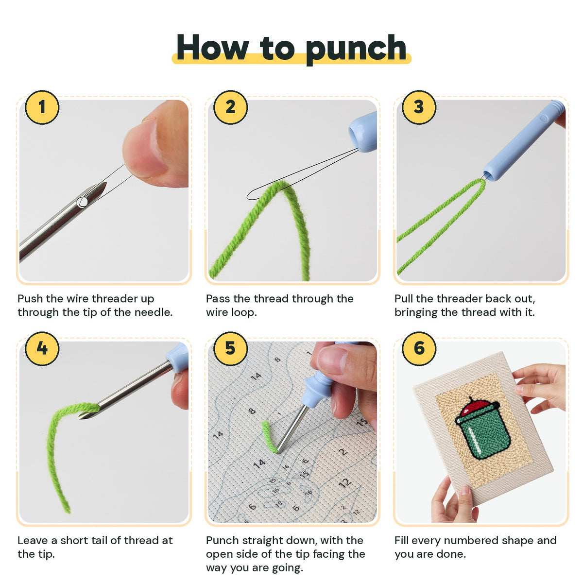 Six steps showing how to thread and use the punch needle
