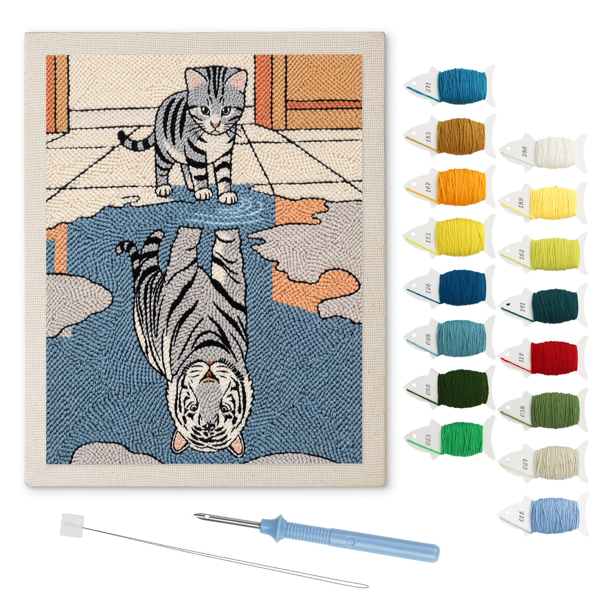 Kitten and Tiger punch needle kit: finished canvas with threads, punch needle and threader