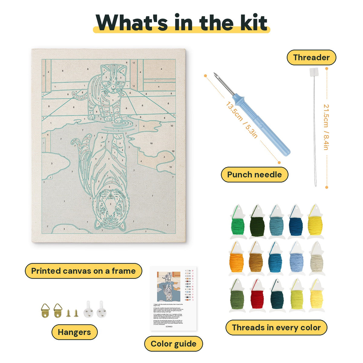 What is in the Kitten and Tiger kit: printed canvas, punch needle, threader, threads, color guide and hangers