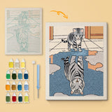Kitten and Tiger canvas before and after punching, with the threads and tools