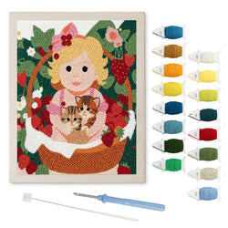Kitten Basket Girl punch needle kit: finished canvas with threads, punch needle and threader