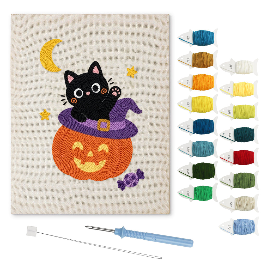 Kitten on a Pumpkin Hat punch needle kit: finished canvas with threads, punch needle and threader