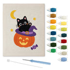 Kitten on a Pumpkin Hat punch needle kit: finished canvas with threads, punch needle and threader