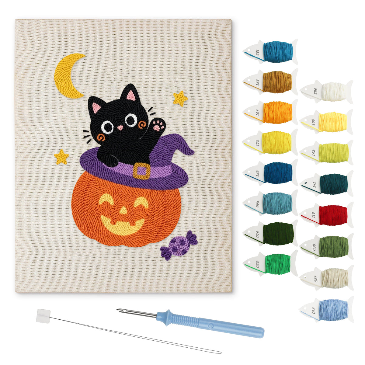 Kitten on a Pumpkin Hat punch needle kit: finished canvas with threads, punch needle and threader