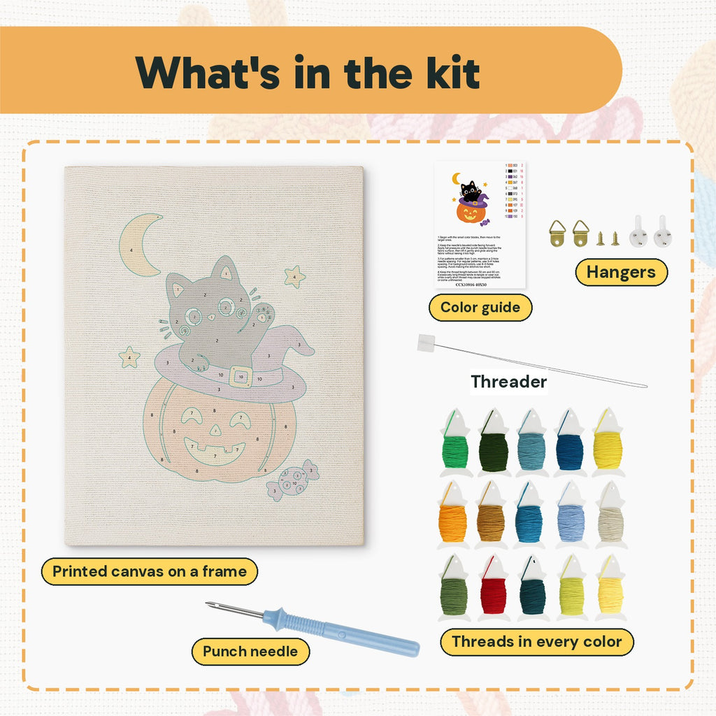 What is in the Kitten on a Pumpkin Hat kit: printed canvas, punch needle, threader, threads, color guide and hangers