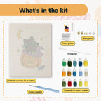 What is in the Kitten on a Pumpkin Hat kit: printed canvas, punch needle, threader, threads, color guide and hangers
