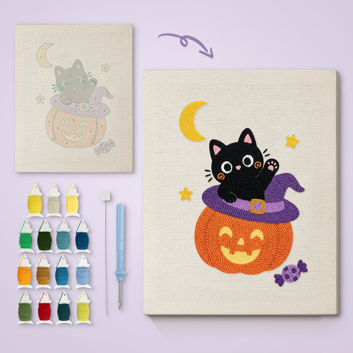 Kitten on a Pumpkin Hat canvas before and after punching, with the threads and tools