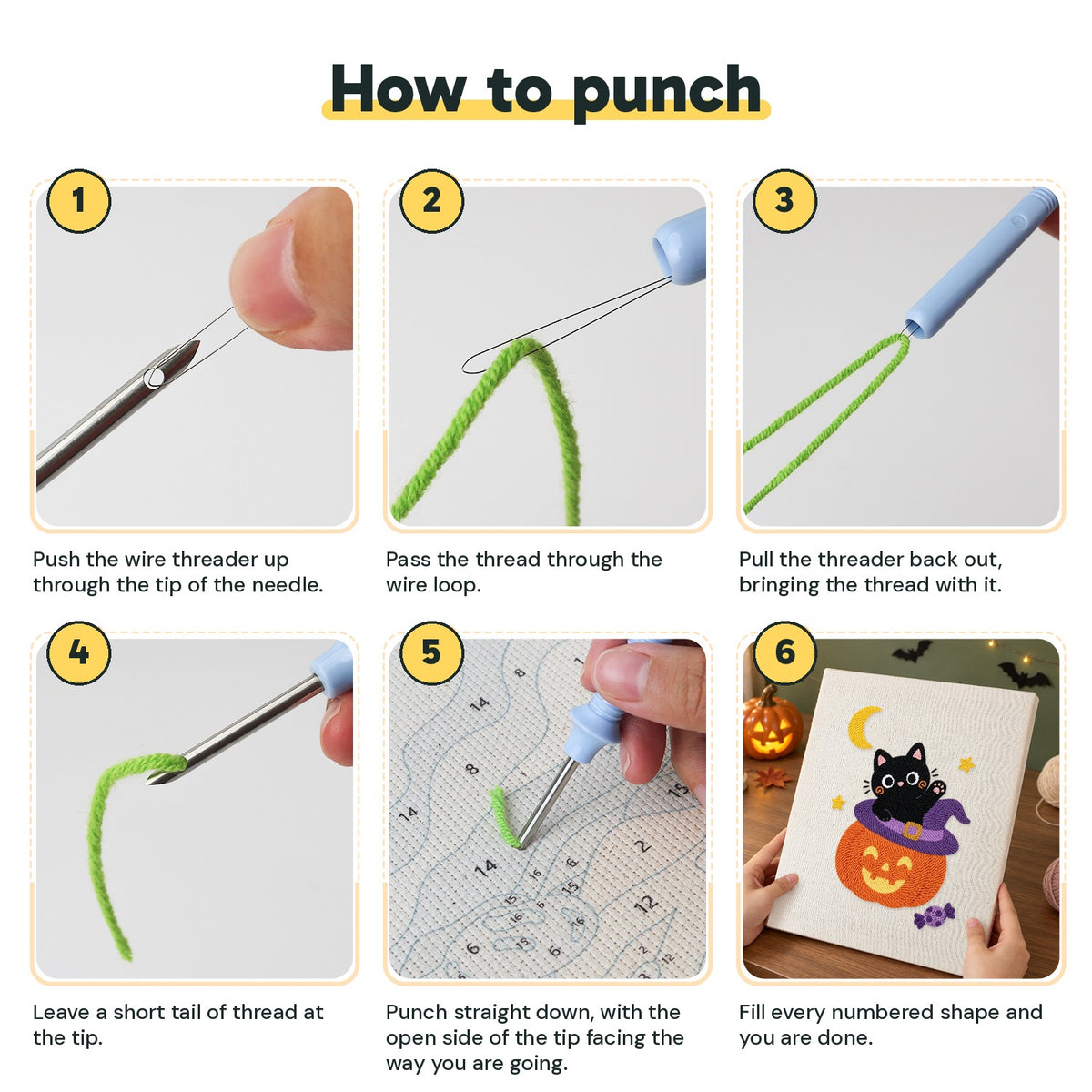 Six steps showing how to thread and use the punch needle