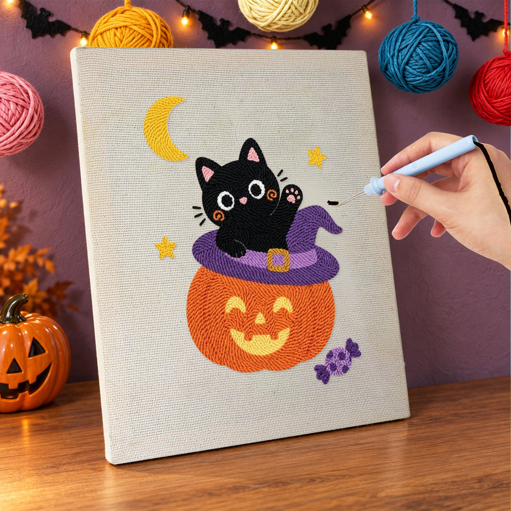 Punching the Kitten on a Pumpkin Hat design with the punch needle
