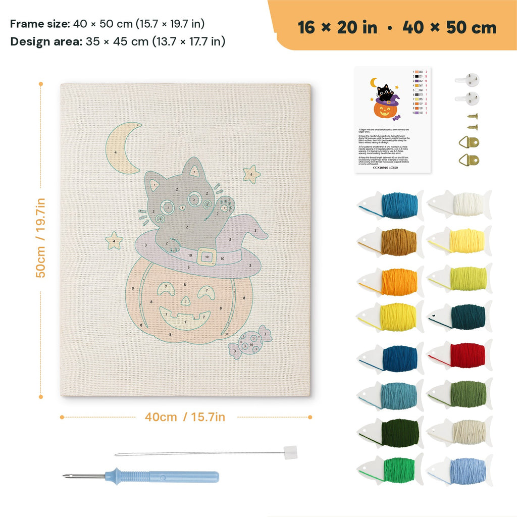 Kitten on a Pumpkin Hat punch needle kit, 16 × 20 in (40 × 50 cm): canvas size and kit contents