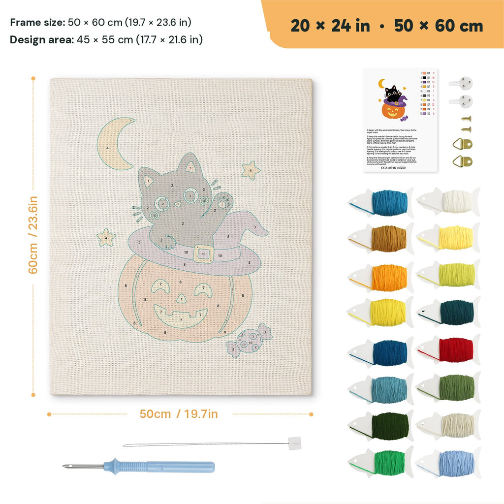 Kitten on a Pumpkin Hat punch needle kit, 20 × 24 in (50 × 60 cm): canvas size and kit contents