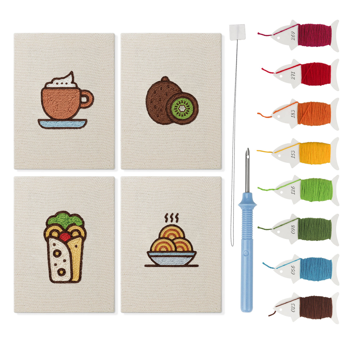 Kiwi Coffee Break mini punch needle kit set: four finished canvases with threads, punch needle and threader