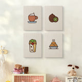 The four Kiwi Coffee Break mini canvases on a wall above a shelf