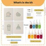 What is in the Kiwi Coffee Break set, 8 × 12 in (20 × 30 cm) each: 4 printed canvases, punch needle, threader, threads, color guide and 4 sets of hangers