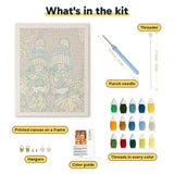 What is in the Knit Hat Squirrels kit: printed canvas, punch needle, threader, threads, color guide and hangers