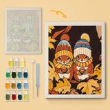 Knit Hat Squirrels canvas before and after punching, with the threads and tools