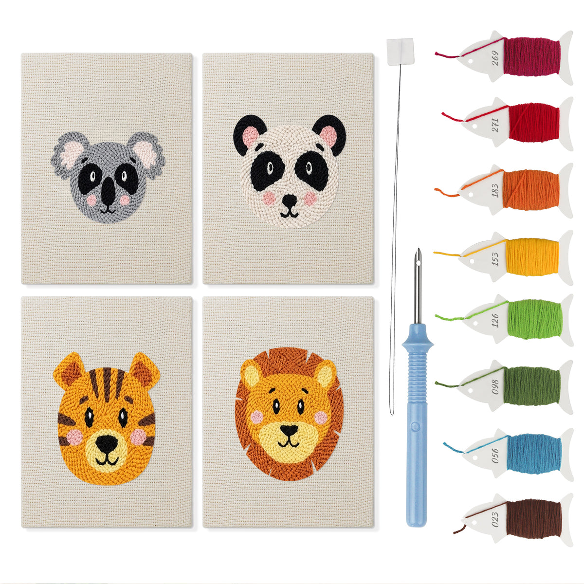 Koala and Panda mini punch needle kit set: four finished canvases with threads, punch needle and threader