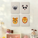 The four Koala and Panda mini canvases on a wall above a shelf